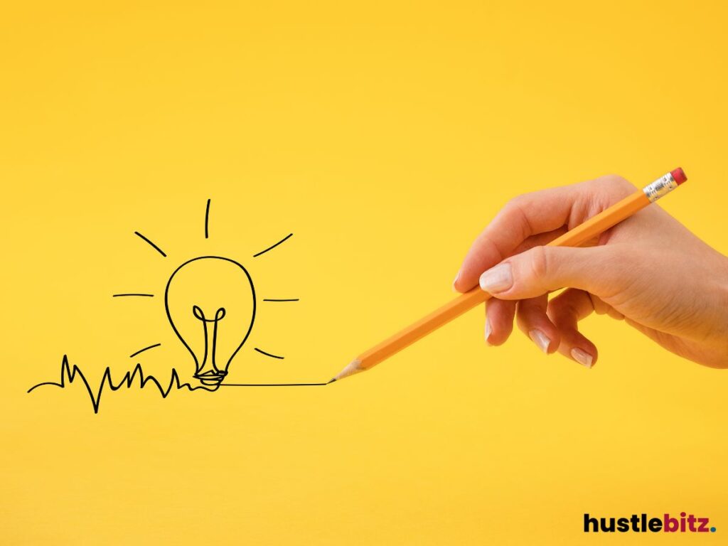 A pencil drawing a lightbulb on a yellow background.
