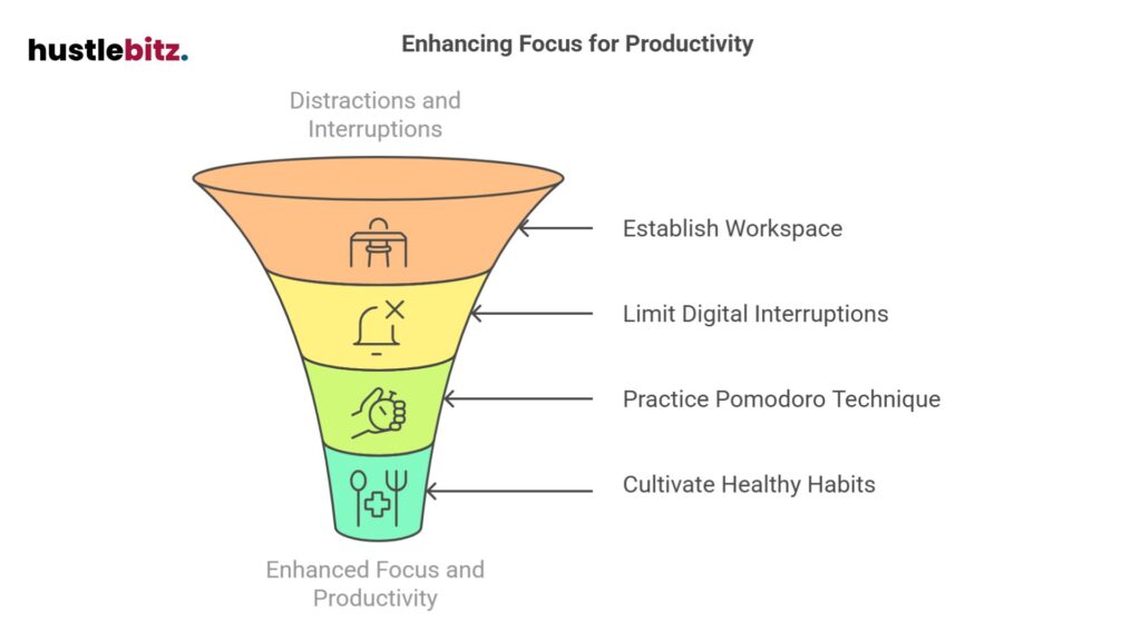 Limit interruptions, use focus techniques, and build a productive workspace.