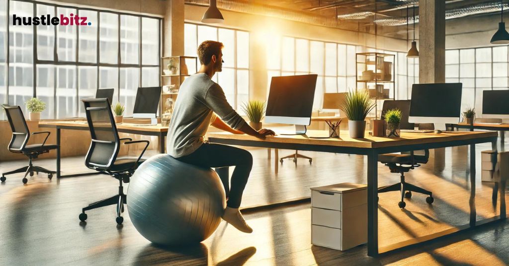 Person bouncing on an exercise ball in a modern office environment.