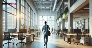 A person walking backwards in a bright, modern office with large windows.