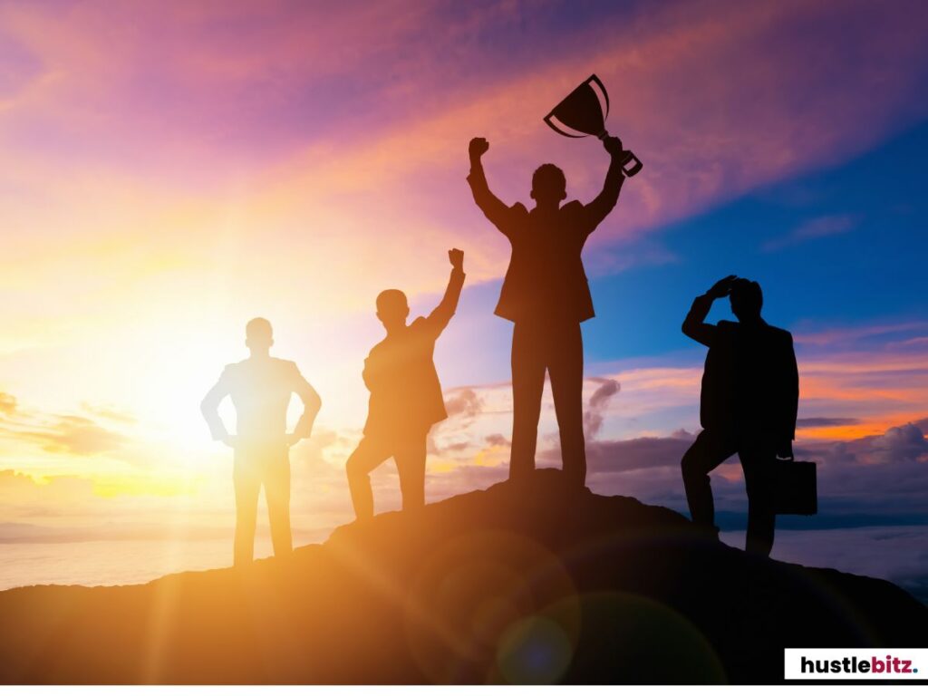 A group of people celebrating victory and the other is holding a trophy
