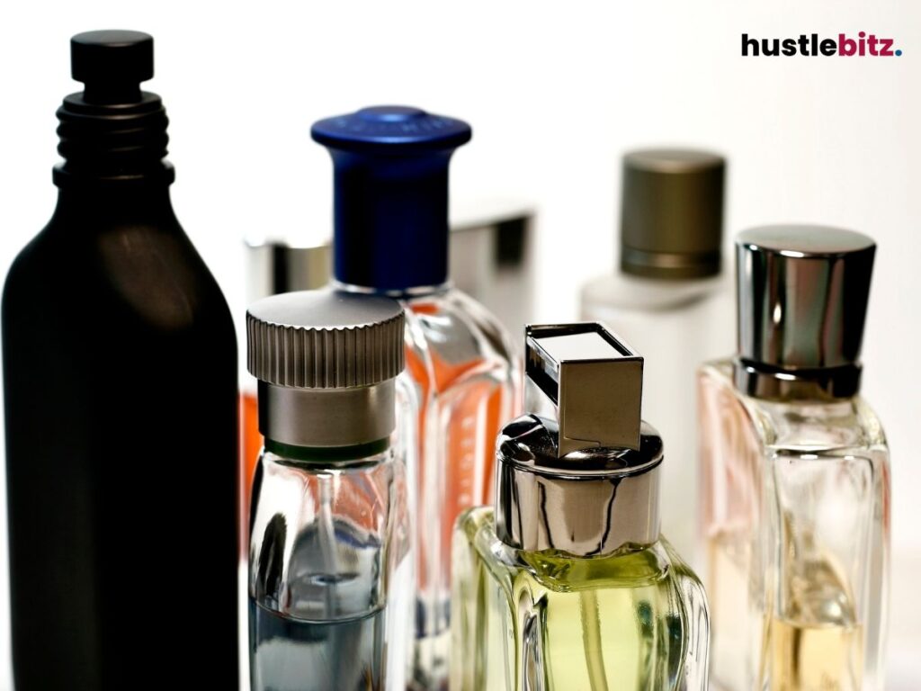 A collection of different perfume bottles placed together.