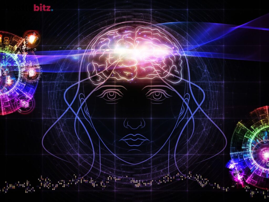 Digital illustration of a glowing brain with futuristic data and abstract visuals.