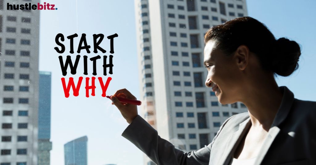 a woman writing the glass with a word "start with why"