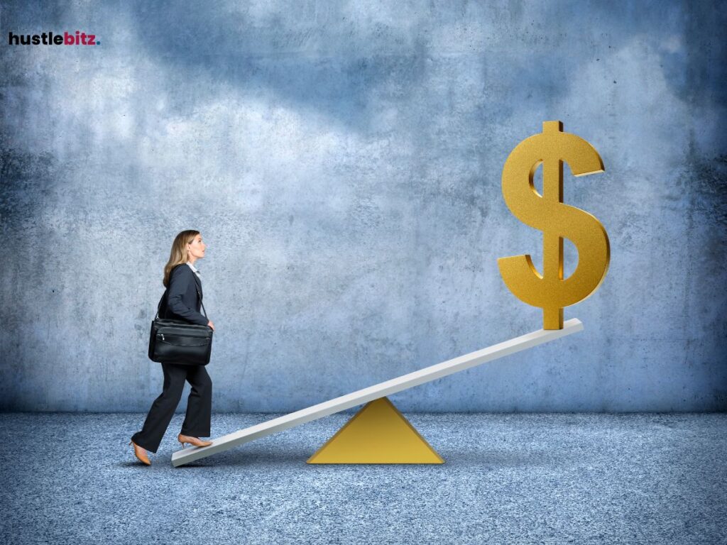 A woman walking up a seesaw with a large golden dollar sign in a conceptual scene.