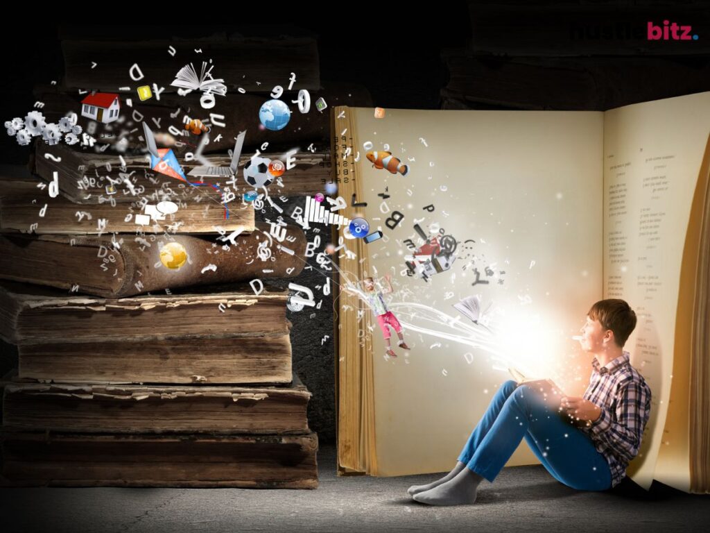 A child sits near a book, with magical objects flying out, sparking creativity.