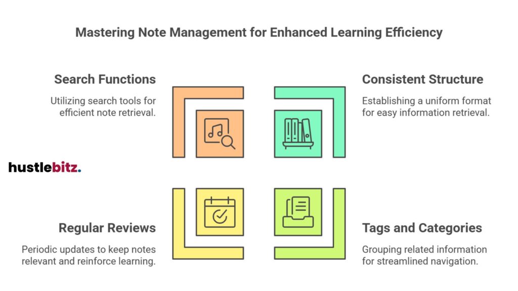 Utilize search tools, consistent formats, reviews, and categories for notes.