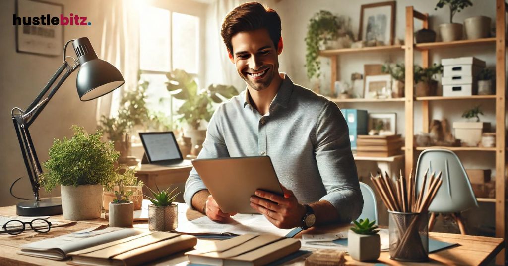 A man sitting of the table and holding a paper with smile