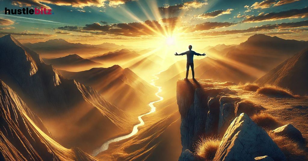 A person stands on a mountain at sunrise, arms spread, embracing freedom.