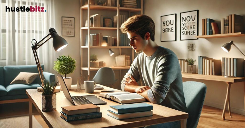 A man sitting in the chair with the table books and lamp