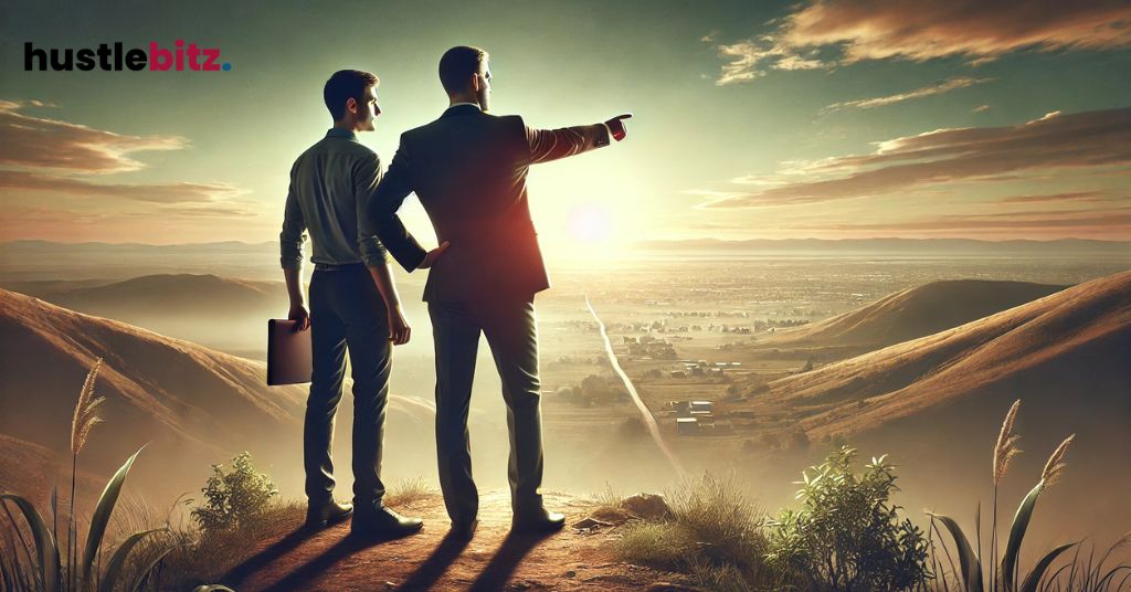 Two men in the cliff looking at the mountains