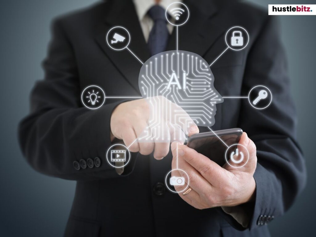 Businessman interacting with AI hologram on a smartphone screen.