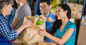 A woman with the man giving foods to the old woman