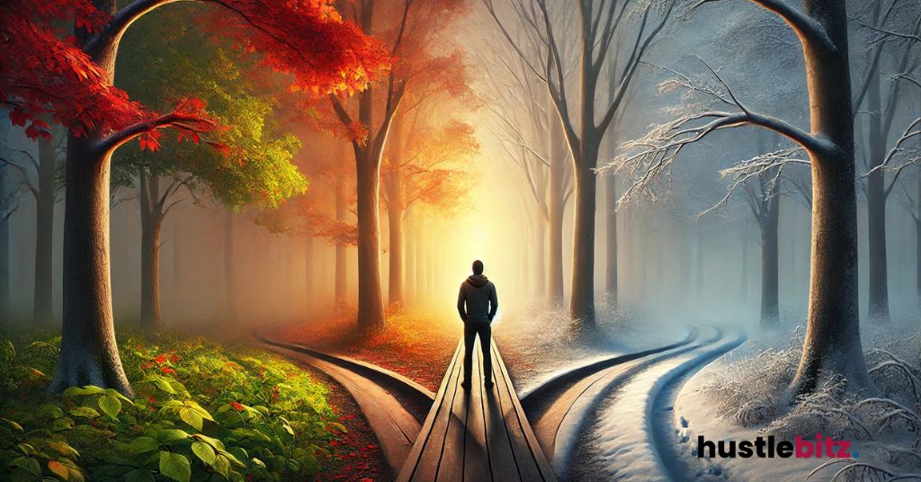 A person stands at a fork in a forest path, choosing between two directions.