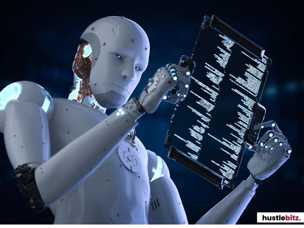 Robot analyzing a digital screen displaying complex data in a tech environment.
