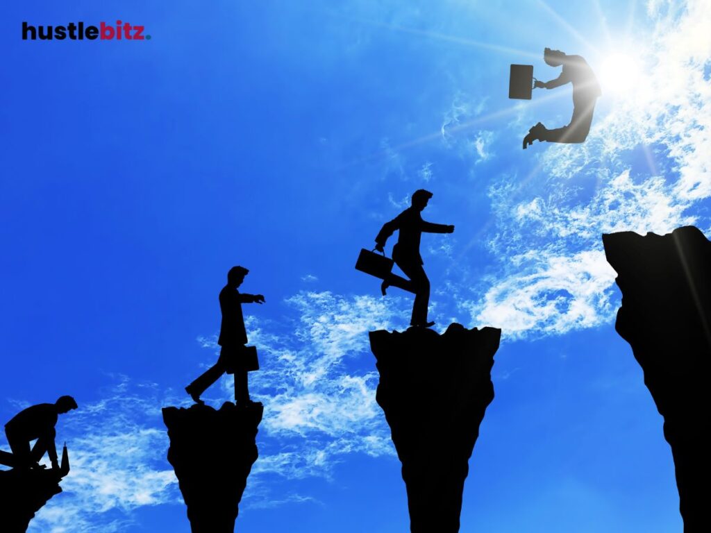 Silhouettes leap between cliffs, symbolizing growth and overcoming challenges.