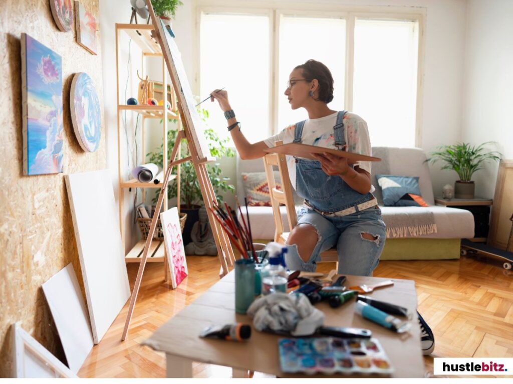 A woman doing painting inside the room