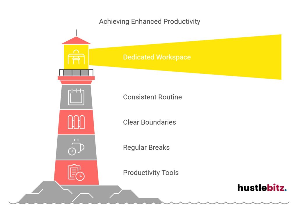 Illustrates enhanced productivity with workspace, routines, boundaries, breaks, and tools.