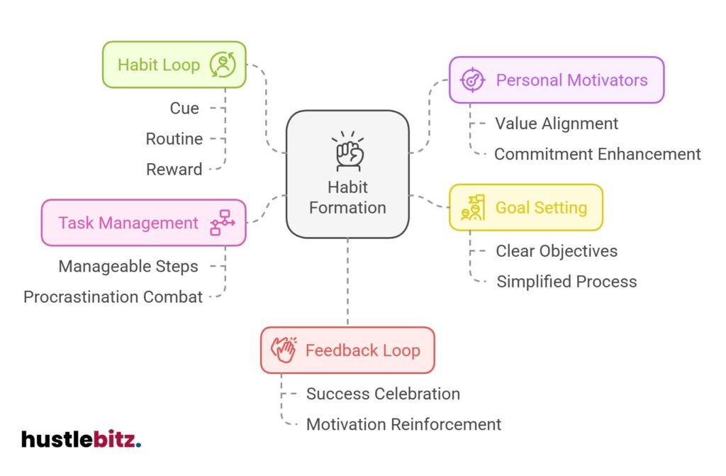 Mind map on habit formation focusing on loops, goals, feedback, tasks, and motivators.