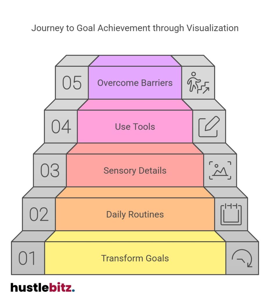 Steps to goal achievement: transform goals, routines, sensory details, tools, overcome barriers.