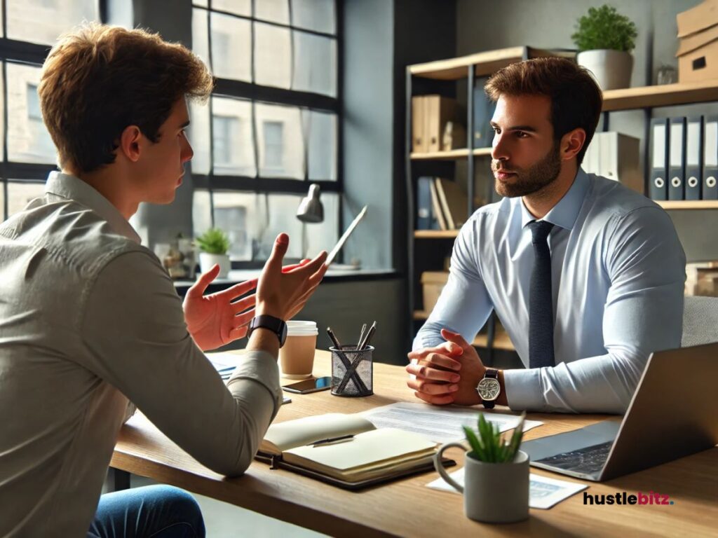 An image of two men talking to each other.