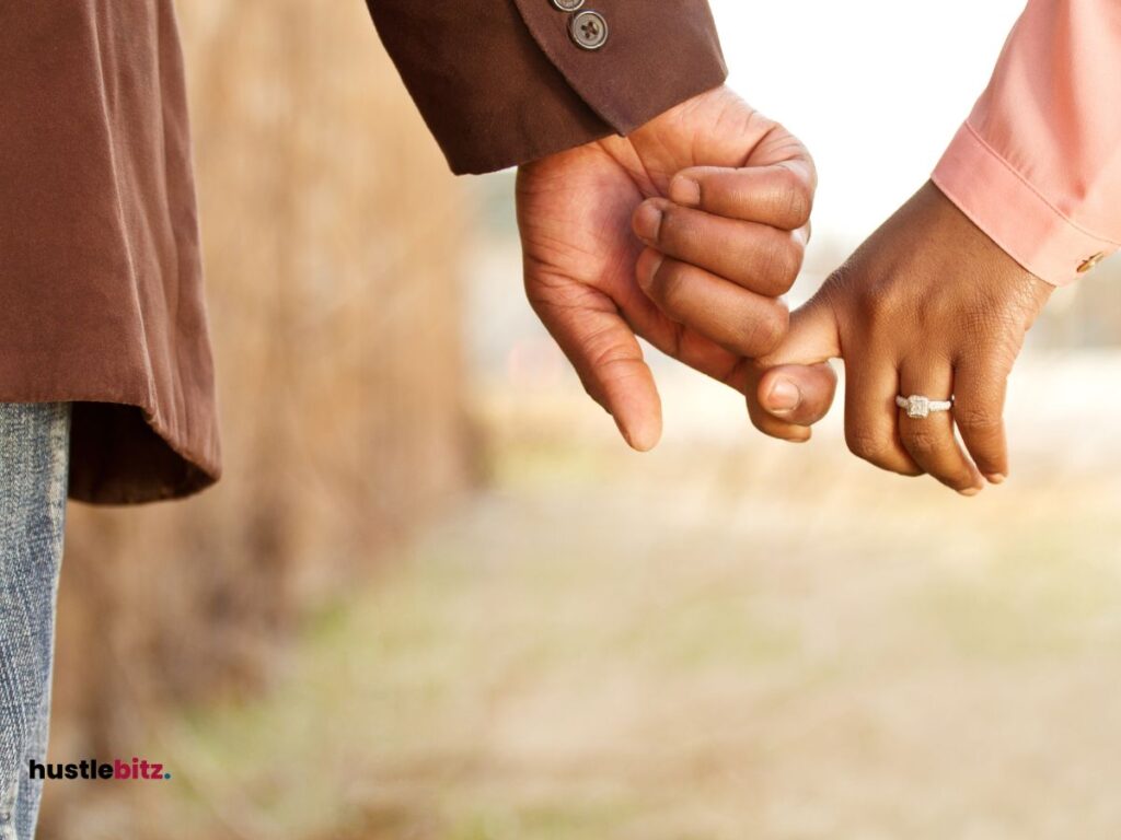 Hands of  a man and a woman with intertwined finger.