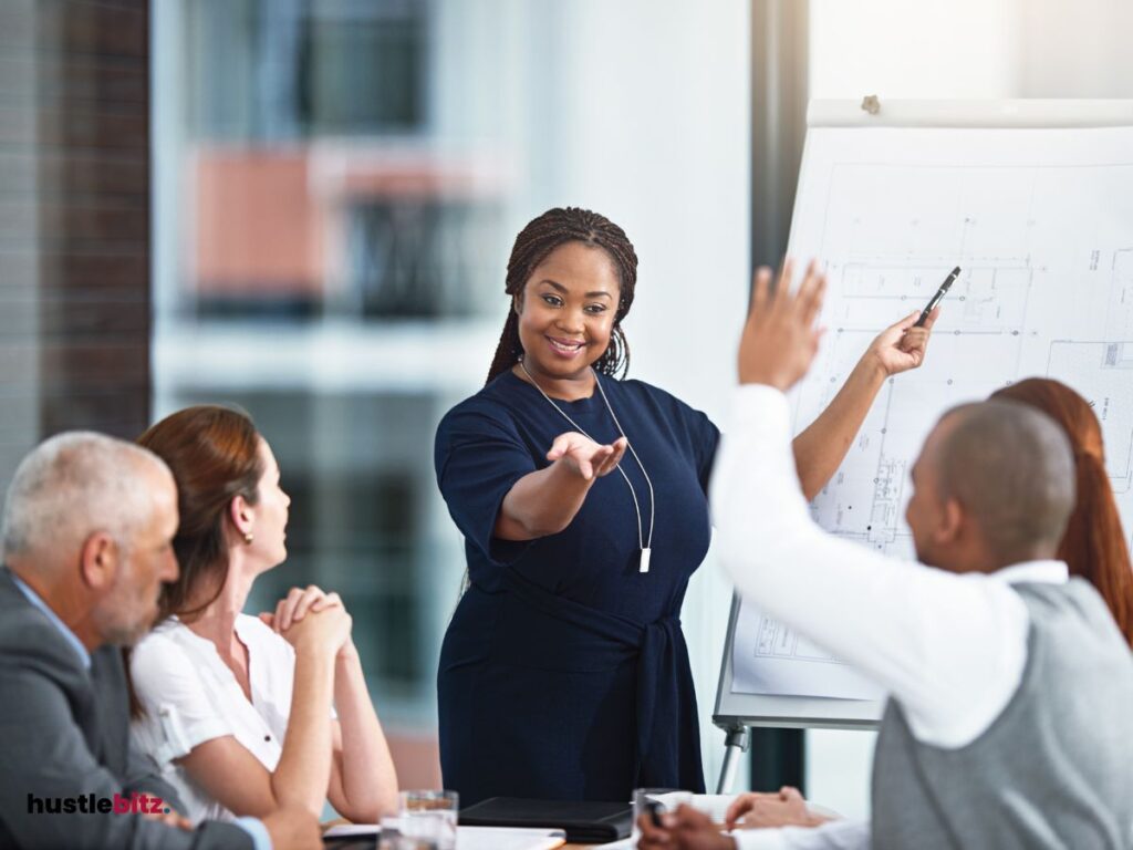 Corporate people in a meeting with people raising their hands.