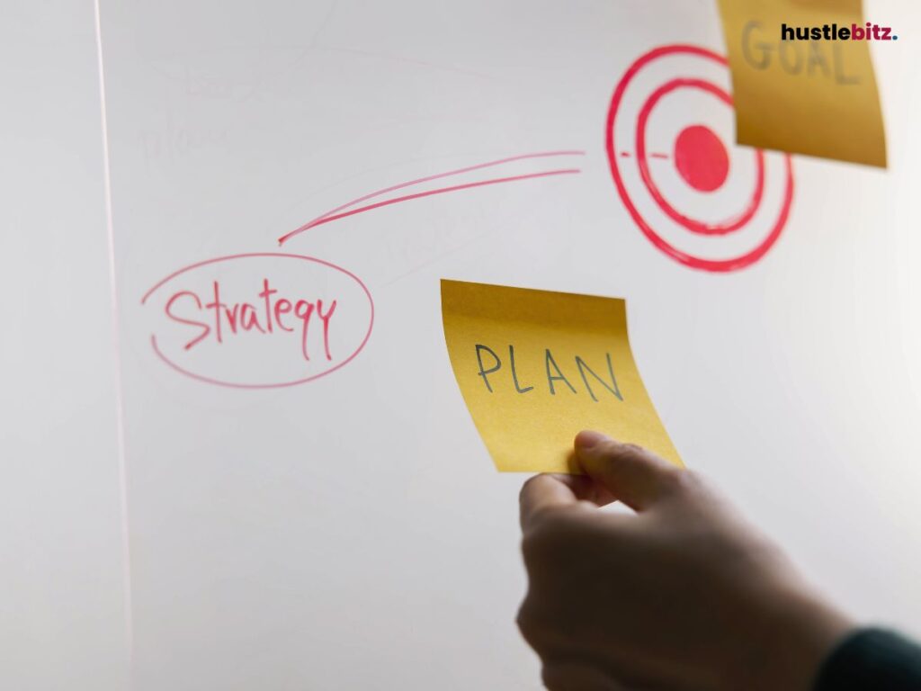 A post-it note with words: PLAN and GOAL; and a whiteboard