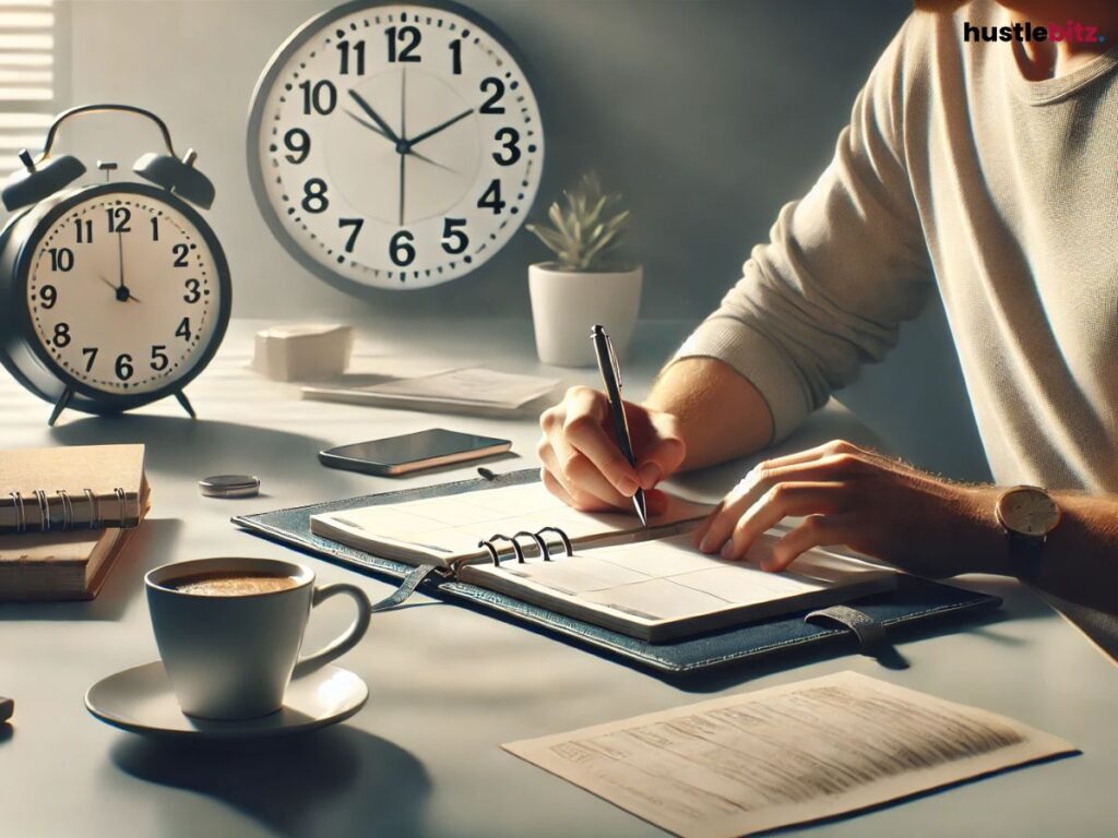 A person writing on a notebook with clocks on his table