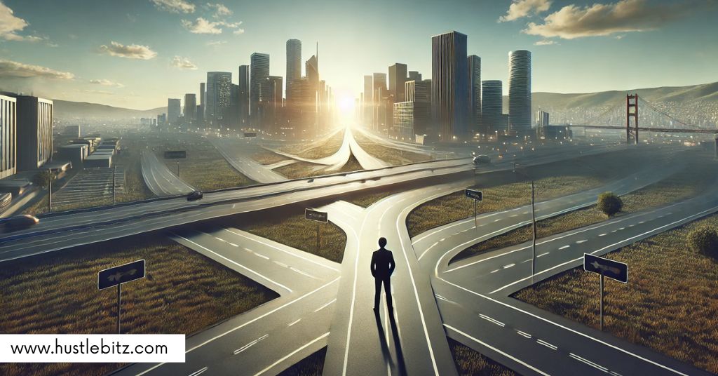 An image of a man with many roads in front.