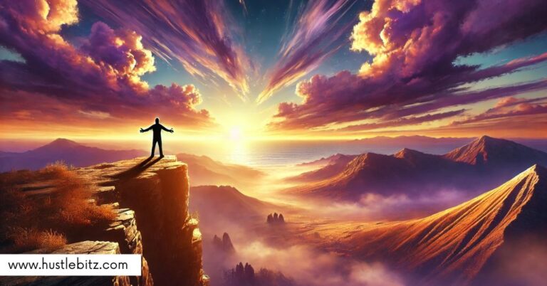 A silhouette of a man standing atop the mountain facing the sunset