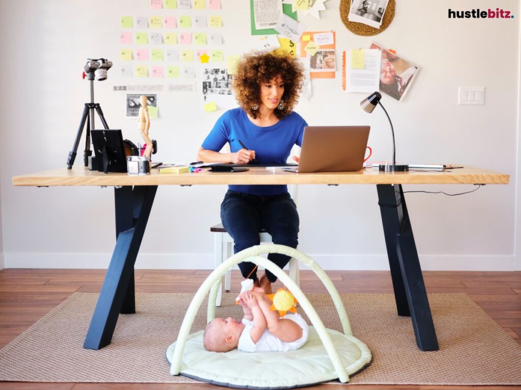 A woman working with her child on the floor