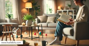 A woman holding a book in a room with toys