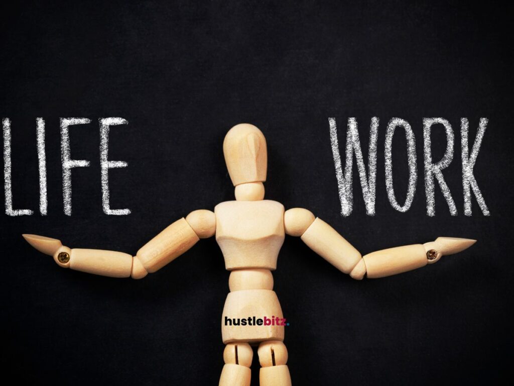 A wooden doll with words LIFE and WORK written on the background