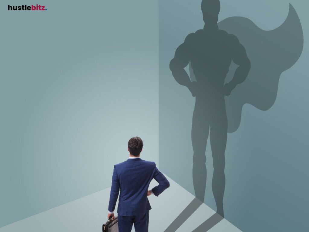 An illustration of a man in corporate attire with his shadow looking like a superhero
