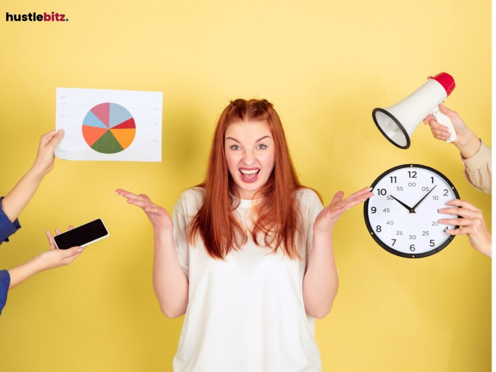 Woman surrounded by time, charts, and communication symbols on a yellow background.