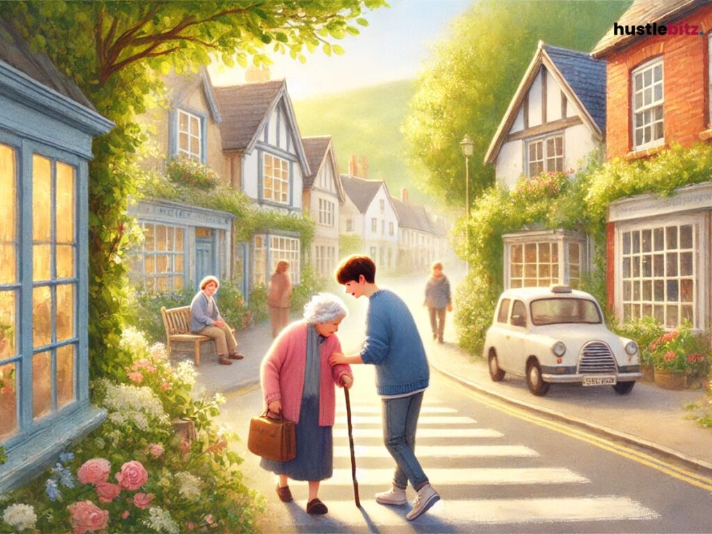 A boy helping an elderly woman.