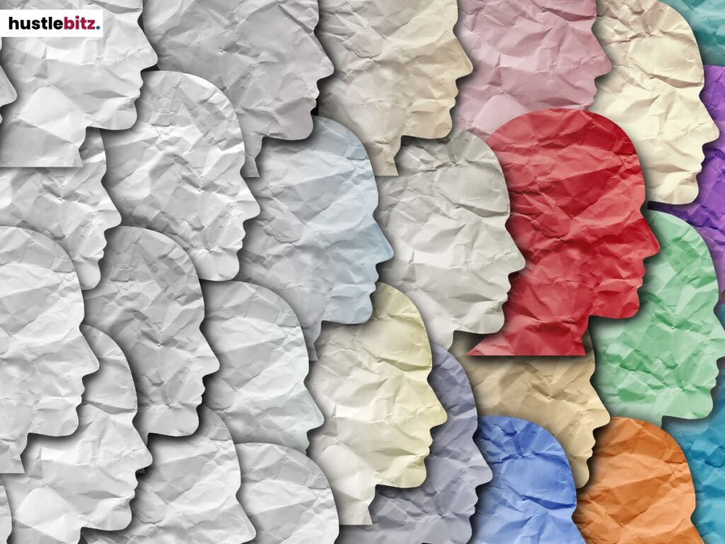 An illustration of various people whose color is gradually spreading.