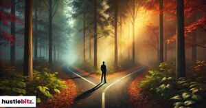 A person standing in a forest between two ways.