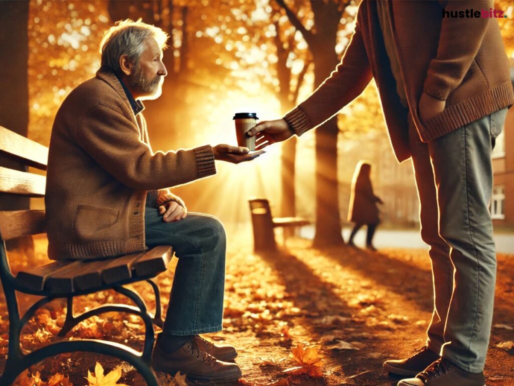 A person giving coffee to an old man sitting on the bench.