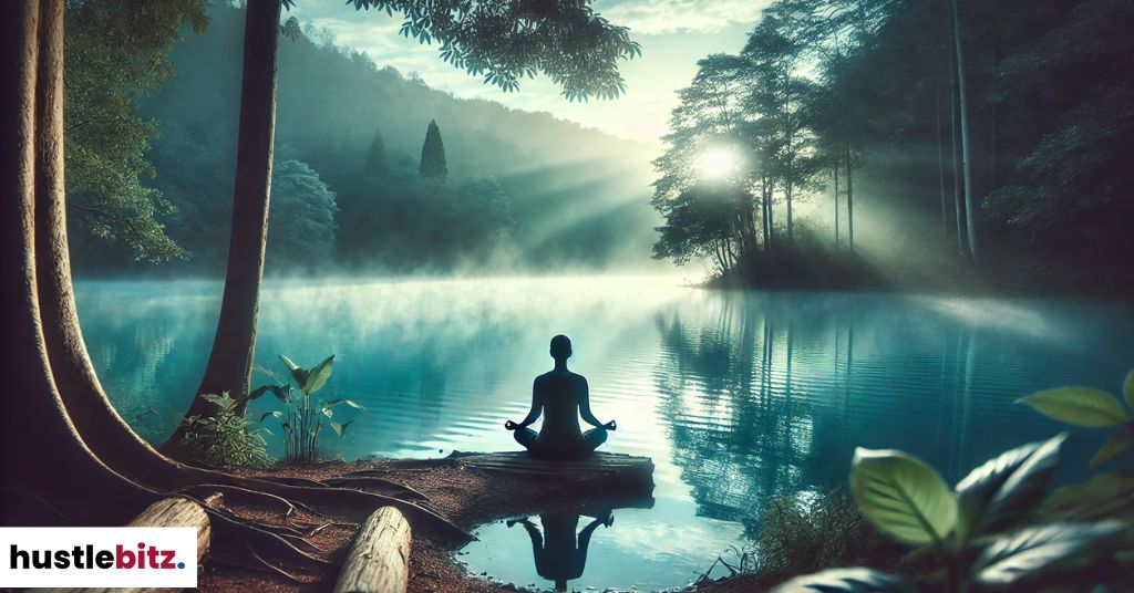 A person sitting beside a lake, meditating.