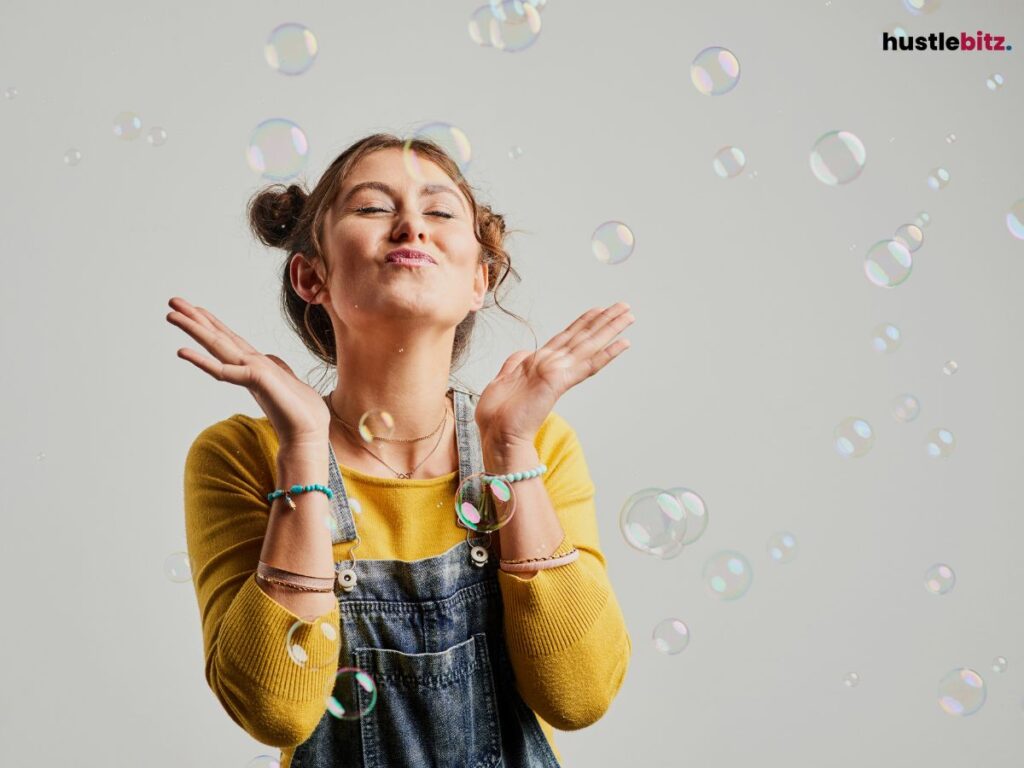 A woman playing with bubbles.