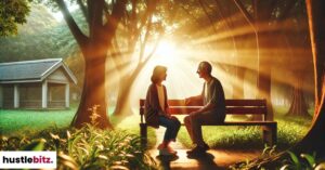 Two person sitting in a bench, talking to each other.