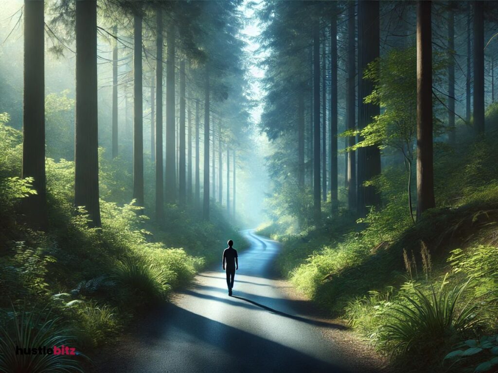A person walking on the forest alone.