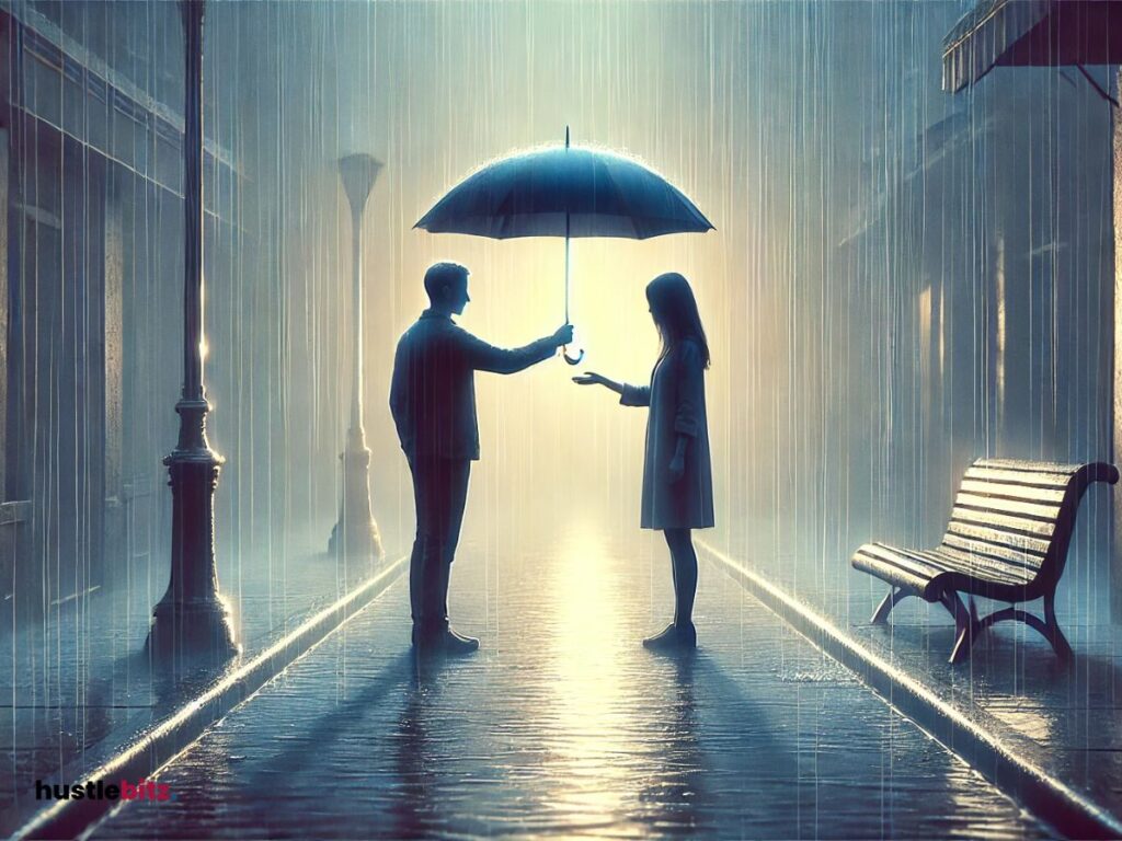 A man giving a woman an umbrella.