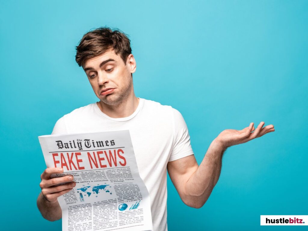 A man confusedly reading a newspaper with the headline "Fake News" in bold.