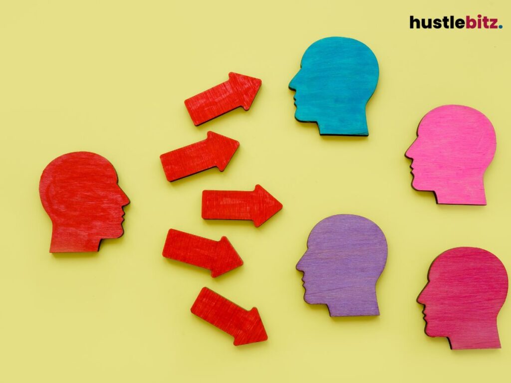 Colorful head icons with red arrows between them on a yellow background.
