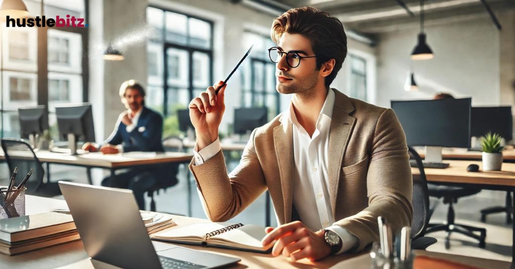 A man holding a pen while looking at the right side and a laptop in the desk